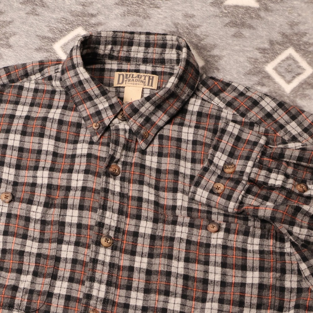 Duluth Trading Co Mens Large Plaid Flannel Shirt Grey Black Orange Cotton L